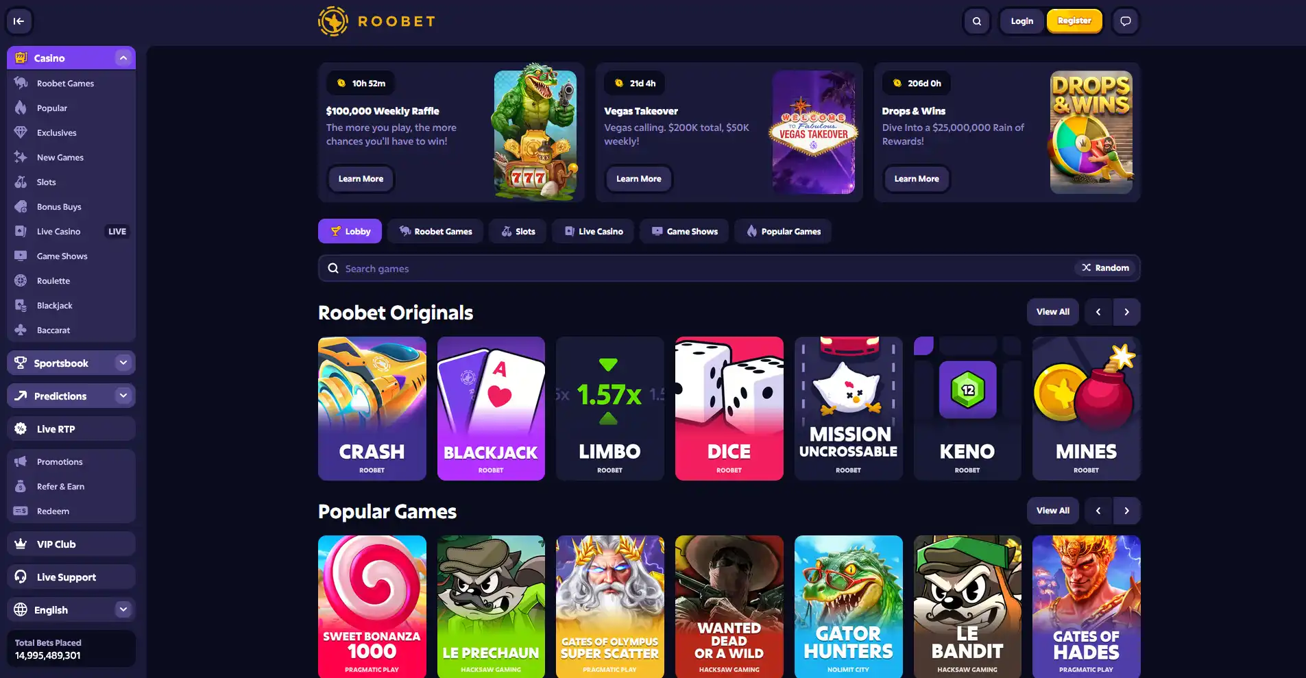 Лоббі Roobet: панель категорій, пошук ігор і ряди Roobet Originals та популярних ігор
