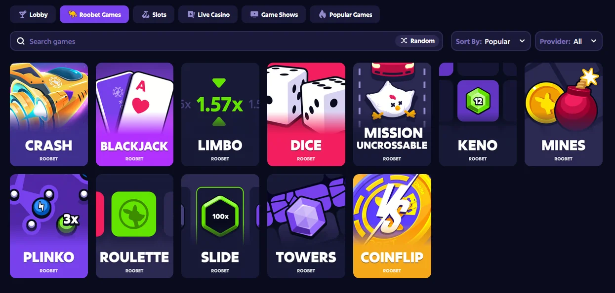 Плитки оригінальних ігор Roobet: Crash, Blackjack, Limbo, Dice, Mines, Plinko, Towers та інші