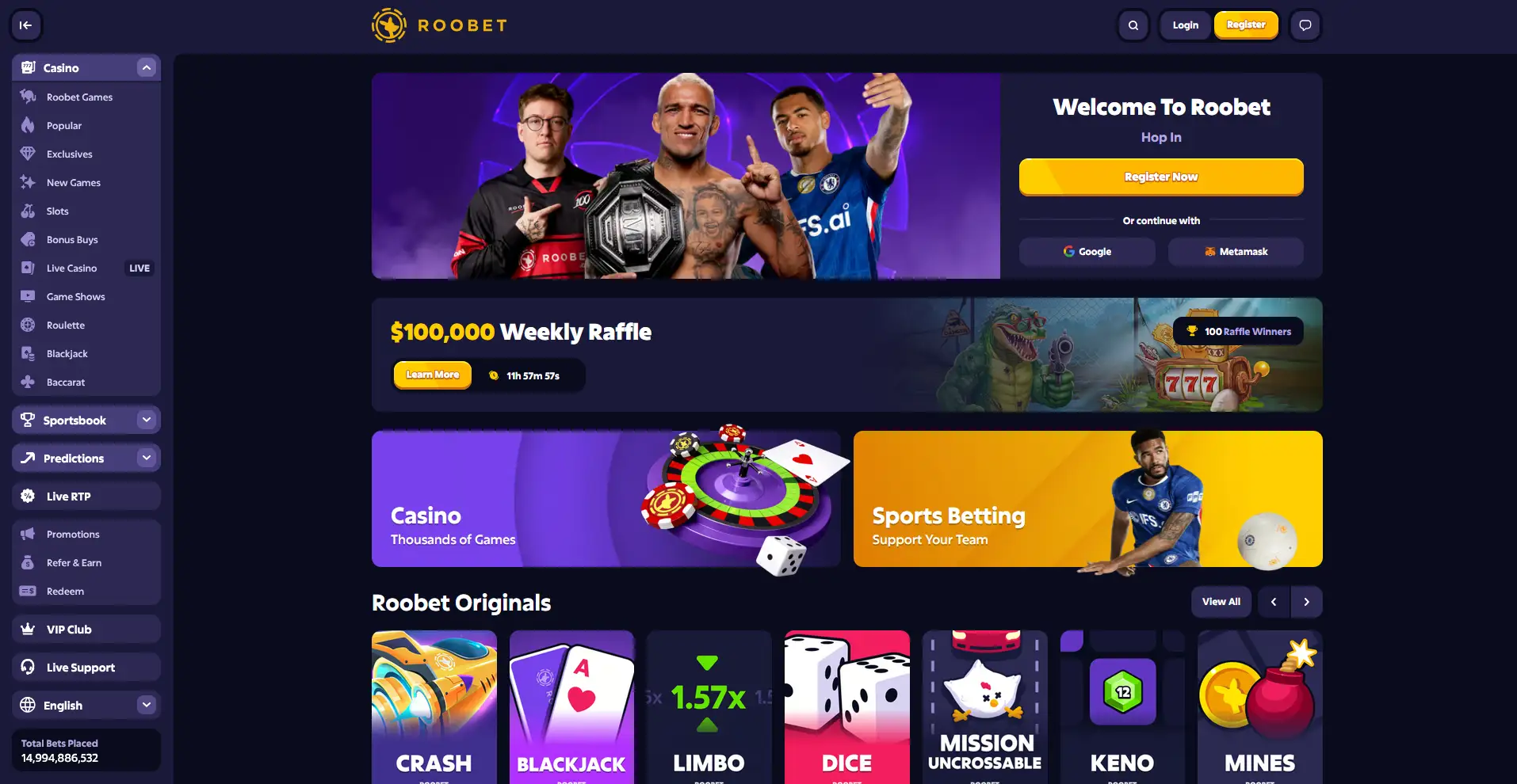 Головна сторінка Roobet: промобанери, категорії ігор і розділ Roobet Originals