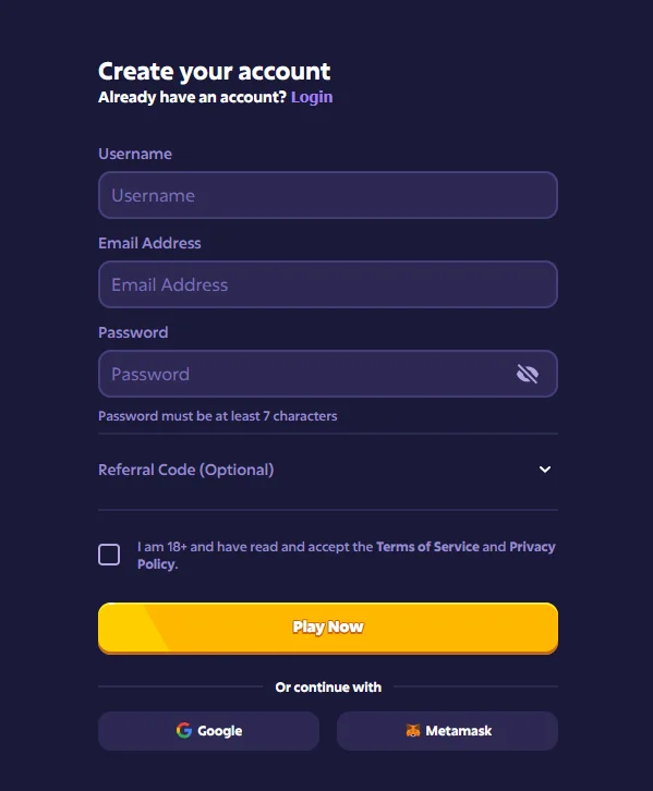 Форма створення акаунта Roobet: нікнейм, e-mail, пароль і поле реферального коду