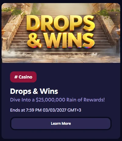 Картка акції Drops &amp; Wins у розділі казино з датою завершення та переходом до умов